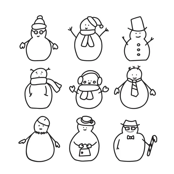 stock vector Hand drawn doodle sketch style vector illustration set of cute snowmen, men, women, children with hats and scarfs. Isolated on white background