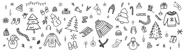 Ręcznie Rysowane Doodle Stylu Wektor Ilustracja Zestaw Zimowych Elementów Świątecznych — Wektor stockowy