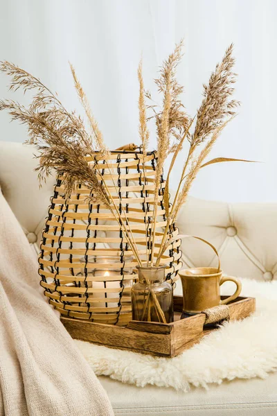 合酶或别墅概念 温暖的软棕色米色室内设计对象 舒适的毛毯在沙发上 蜡烛在木灯笼中燃烧 茶杯在木盘上 暖色摄影操作 — 图库照片