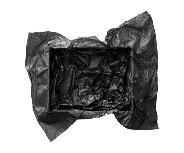 Top view of empty open gift box with black color silk paper filling inside. Luxury present wrapping or products background. Isolated on white, studio shot.