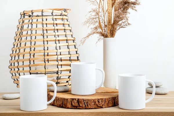 Three White Empty Mugs Mock Multiple Cups Wood Table White — Stock Photo, Image