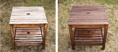 Eskimiş ahşap bahçe masası önce solda, sonra sağda taze lekeli masa. Dışarıda, ev bahçesinde..