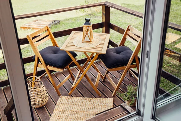 Modern Boho Style Small Wood Balcony Seating Corner Wooden Garden — Stock Photo, Image