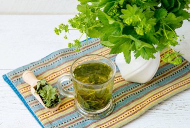 Alchemilla vulgaris, sade bir fincanda sıradan bir bayanın şifalı bitki çayı. Taze bayanın vazodaki manto bitkileri, bardaktaki çay ve tabakta kurutulmuş çay tozu, beyaz tahta arka plan.. 