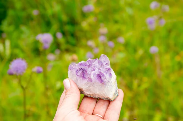Woman Hand Holding Purple Amethyst Crystal Geode Lush Bokeh Green — Stock Photo, Image
