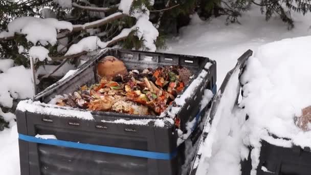 オープンコンポスト ビンの中のバイオ廃棄物 冬の屋外 雪の寒い天気 — ストック動画