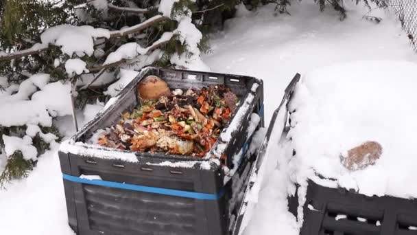 在室内 冬季室外 寒冷的雪天 在露天堆肥桶里放生物废料 — 图库视频影像
