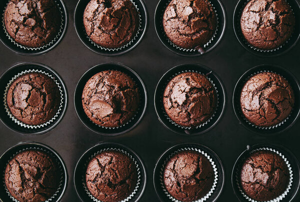 Above view of small baked chocolate muffins inside muffin pan indoors in home. Creative background.