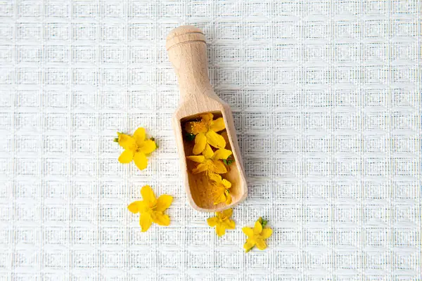 Hiperikum Perforatum John Wort Bitkisi Sarı Çiçekleri Ahşap Kaşık Üzerinde — Stok fotoğraf