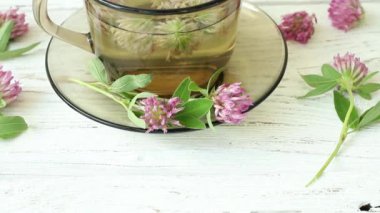 Trifolium pratense, beyaz tahta arka planda çay fincanında kırmızı yonca çayı. Bardakta taze çiçekli şifalı bitki çayı..