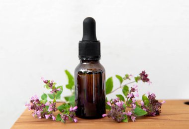 Oregano, Origanum vulgare 'den yapılmış ev yapımı şifalı bitkisel tentür. Kahverengi cam şişenin yanında taze bitkiler çiçek açıyor, beyaz arka plan içeride..