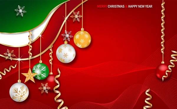 ポストカードメリークリスマスと幸せな新年クリスマス赤の背景に装飾的なデザイン要素 水平クリスマスポスターグリーティングカード — ストックベクタ