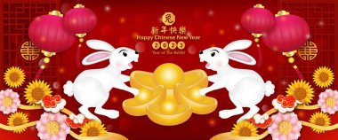 Banner Mutlu Çin Yeni Yılı 2023. Tavşan Yılı Asyalı stili. Çince çeviri ortalama Tavşan Yılı, Mutlu Çin Yeni Yılı.