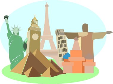 Dünyanın 7 harikası küme piramidi İsa 'nın özgürlüğü pisa Eyfel Tac Mahal' in dünya seyahati konsepti için.