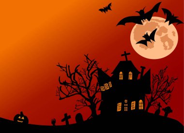 Cadılar Bayramı arka planı perili ev ölü ağaç mezarlığı mezarlık, fener süslemesi, yarasalar uçar ve ay