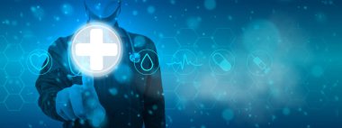 Doktor mavi konsept için sağlık hastanesini çapraz tutun.