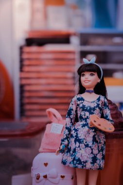 Barbeküyle oynayan kız özel dikim kıyafetler giyiyor.