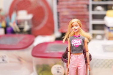 Barbeküyle oynayan kız özel dikim kıyafetler giyiyor.