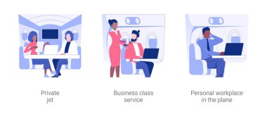 Uçakla iş seyahati konsept vektör çizimi seti. Özel jet, birinci sınıf servis, uçakta şahsi iş yeri, lüks yolculuk, VIP yolcu vektör karikatürü..