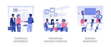 Uluslararası iş konferansı konsept vektör illüstrasyon seti. Konferans akreditasyonu, uluslararası sergi, iş sunumu, iş gezisi, müzakere vektör karikatürü.