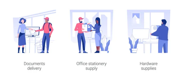 Officeの独立した概念ベクトルイラストセットを提供します 宅配便 事務所文房具の供給 ハードウェア用品 小包と封筒 ガジェットのメンテナンスサービスベクトル漫画 — ストックベクタ