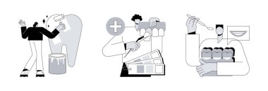 Diş servisi soyut konsept vektör çizimi seti. Kozmetik dişçiliği, diş kaplaması, diş giyimi silikon çalıştırıcı, diş beyazlatma, sağlık merkezi, ortodonti kliniği, gülümseme soyut metaforu..