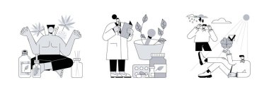 Alternatif tıp konsept vektör çizimi seti. Holistik tıp, homeopati, ışık terapisi, mevsimsel depresyon, akıl sağlığı, sağlık uygulaması, doğal uyuşturucu soyut metaforu.