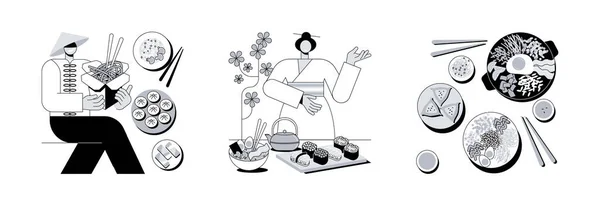亚洲食品抽象概念矢量图集 中日食品 韩国菜 东方餐馆菜单 亚洲香料 寿司外卖 筷子吃抽象隐喻 — 图库矢量图片
