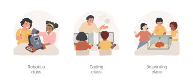 Teknoloji ve fen dersleri karikatür vektör illüstrasyon setini izole etti. Robotik anons günü, mühendislik atölyesi, çocuklar için kodlama dersi, okuldan sonra 3D baskı, günlük bakım merkezi vektör karikatürü..