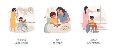 Sosyal beceriler ve kapsama aktiviteleri karikatür vektör çizimi seti. Müze ziyareti, sanat terapisi, engelli çocuklar için alan oryantasyonu, kapsayıcı günlük bakım merkezi vektör karikatürü.