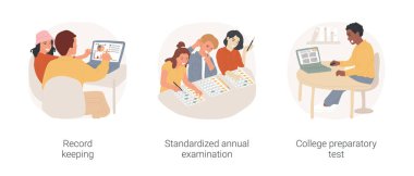 Ortaokul ve lise öğrencileri izole çizgi film çizim setini test ediyor. Kayıt tutma, standart yıllık muayene, üniversite hazırlık testi, bilgisayar ekranı vektör karikatüründeki zamanlayıcı.
