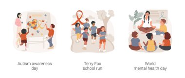 Okul farkındalığı kampanyası karikatür vektör çizimi seti. Otizm farkındalık günü, Terry Fox okul koşusu, dünya ruh sağlığı haftası, dayanışma kurdelesi, mavi gömlek, el yazısı vektör karikatürü..