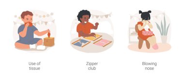 Montessori metodundaki kişisel bakım gelişimi izole edilmiş karikatür vektör çizimi seti. Doku kullanımı, fermuar kulübü, sümkürme, anaokulu öğrencisi kendine yardım ediyor, pratik yaşam becerileri çizgi filmi..