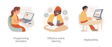 Bilgisayar bilimi ve dijital okur yazarlık karikatür vektör çizimi seti. Programlama animasyonu, etkin çevrimiçi öğrenme, klavye sınıfı, okul vektör karikatüründe dijital okur yazarlık.
