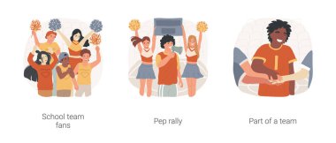 Lise öğrencilerinin sosyalleşmesi karikatür vektör çizimi seti. Okul sporu hayranları, birlikte maç seyretmek, maç öncesi etkinliği, lisede sosyal etkinlik, takım oluşturma vektör karikatürü.