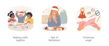 Yılbaşı çizimleri izole edilmiş karikatür vektör çizimleri. Mutlu çocuklar birlikte xmas zanaatı yapıyor, kadınlar xmas ağacı için Bethlehem yıldızı yaratıyor, diy Christmas angel, yaratıcı aktivite vektör karikatürü.