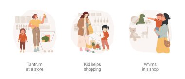 Yürüyen bir çocukla alışveriş yapmak, izole edilmiş çizgi film vektör çizimi seti. Mağazada öfke nöbeti, markette ağlayan çocuk, alışverişe yardım eden çocuk, dükkandaki kaprisler, mağaza vitrinini gösteren bebek..