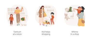 Shopping with a toddler isolated cartoon vector illustration set. Tantrum at store, child crying at grocery store, kid helps shopping, whims in shop, toddler pointing at storefront vector cartoon. clipart