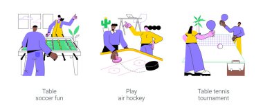 Meslektaşlarıyla eğlence karikatür vektör çizimleri ayarlandı. Akıllı bir ofiste masa futbolu, hava hokeyi, modern işyerinde masa tenisi turnuvası, vektör karikatürü..