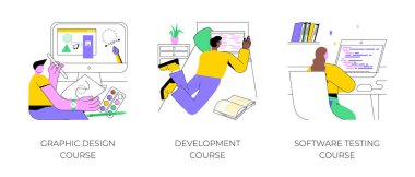 Profesyonel bilişim kursları izole edilmiş karikatür vektör çizimleri ayarlandı. Grafik tasarım, geliştirme ve yazılım testi çevrimiçi derece programları, uzaktan öğrenme, sanal eğitim vektörü çizgi filmi.