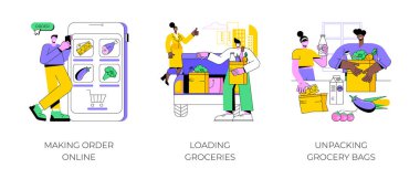 Marketten kaldırım kenarındaki kaldırım kenarında izole edilmiş çizgi film çizimleri. İnternetten sipariş vermek, yiyecek almak, işçiler, alışveriş malzemelerini müşterilerin arabasına koymak, paketleri satın alma vektör karikatürü ile açmak..