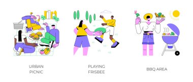 Şehir parkı hafta sonu karikatür vektör çizimleri ayarlandı. Şehir parkında şehir pikniği, arkadaşlarla frizbi oynamak, barbekü alanı, açık hava aktivitesi, dinlenme günü vektör karikatürü..