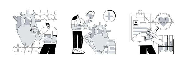 stock vector Cardiovascular illness abstract concept vector illustration set. Heart disease diagnosis and treatment, cardiac patient card, heartbeat rate and chest pain, stress test, hospital abstract metaphor.