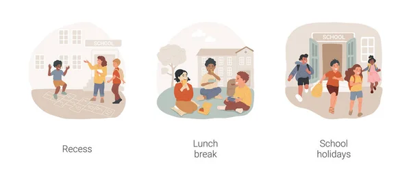 传统的公立学校生活孤立的卡通矢量插图集 业余时间 午休时间 学校假期 午餐盒 学生们在户外聚会 孩子们生活方式卡通片 — 图库矢量图片