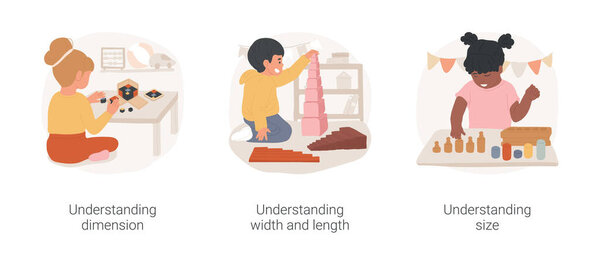 Visual discrimination Montessori lesson isolated cartoon vector illustration set. Understanding dimension, width, length and size, montessori preschool, visual sense exercise vector cartoon.