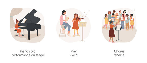 Classic music classes for children isolated cartoon vector illustration set. Orchestra class, piano solo performance on stage, play violin, chorus rehearsal, middle school elective vector cartoon.