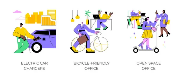 사무실외진 일러스트 스마트 오피스 자전거 친화적 만화에서 스쿠터를 스쿠터 — 스톡 벡터