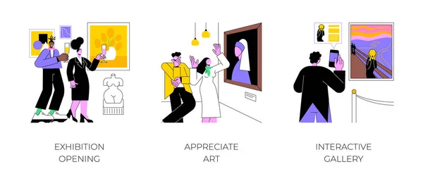 Kunstevenement Geïsoleerde Cartoon Vector Illustraties Set Tentoonstelling Opening Een Galerie — Stockvector