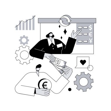 Döviz kurunun soyut konsept vektör çizimi. Döviz piyasası oranı, banka nakit para teklifi, kabin ve veznedar istasyonu, Forex broker, finans kurumu soyut metafor.