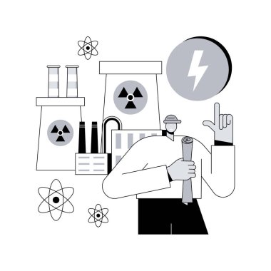 Nükleer enerji soyut konsept vektör çizimi. Nükleer enerji santrali, sürdürülebilir enerji kaynağı, soğutma kuleleri, uranyum atomu, dağıtım sistemi, elektrik soyut metaforu.